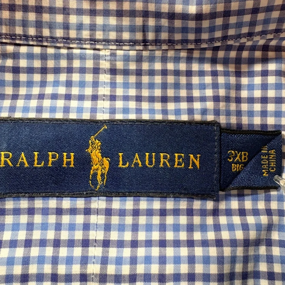 Polo Ralph Lauren Button Down Mens 3XB Big Blue White Gingham Cotton Long Sleeve